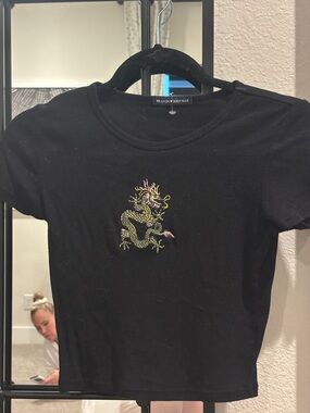 Brandy Melville Black Tee with Multicolor Dragon Embroidery